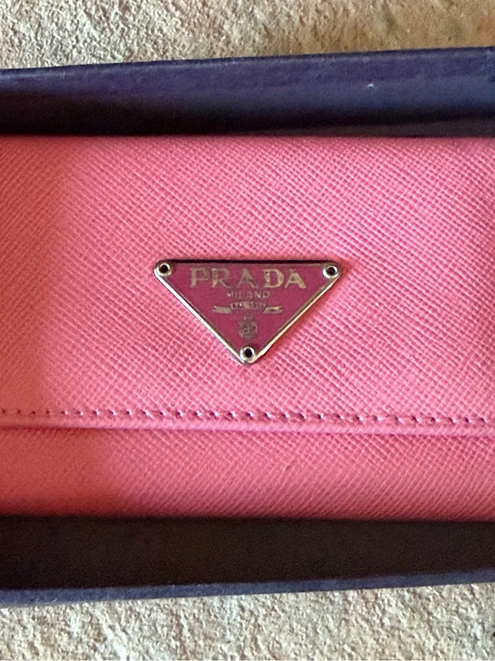 Prada Pink Saffiano Leather Card Holder/Key Holder with Gold Triangle Logo